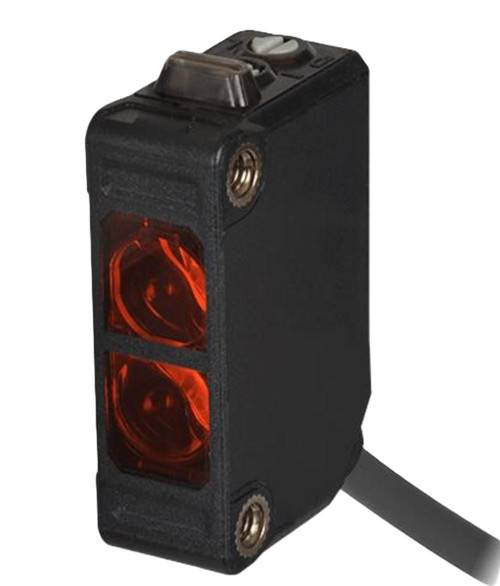 Autonics BJR100-DDT-P-F, industrial photoelectric sensor with red glowing optical sensors and mounting bracket.