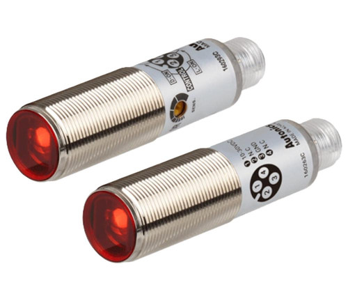 Autonics BRQM5M-TDTA, industrial photoelectric sensor with metal cylindrical body and red indicator light.