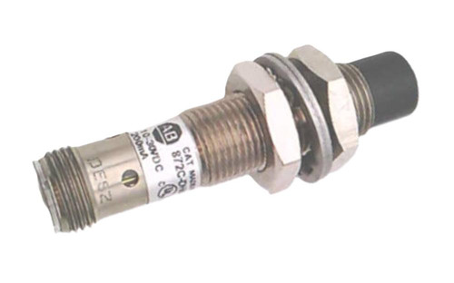 Allen-Bradley 872CDH4NP12D4, industrial sensor or switch with threaded metal body and electrical connector.