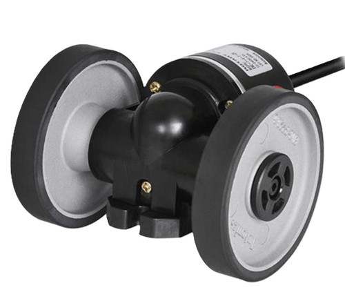 Autonics ENC-1-1-T-24, industrial encoder sensor with black cylindrical body and dual large gray wheels for precise measurement.