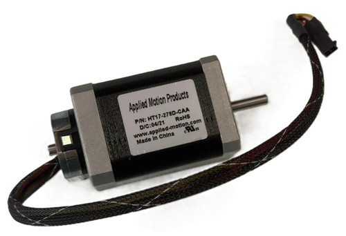 Applied Motion HT17-278D-CAA, industrial stepper motor with labeled metal body and braided cable for precise motion control.