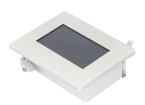 Aaon ASM01900, white electrical junction box with a rectangular black transparent cover and mounting brackets.