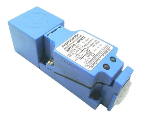 Allen-Bradley 53PTU40-40EWXX, photoelectric sensor with blue body and electronic components for industrial automation.