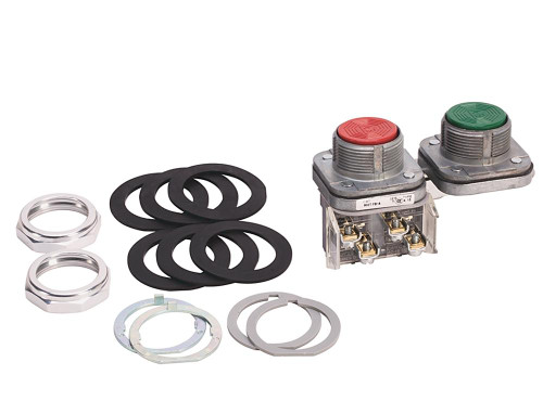 Allen-Bradley 800T-FB16, industrial button and switch assembly with red and green push buttons, mounting hardware, and gaskets.