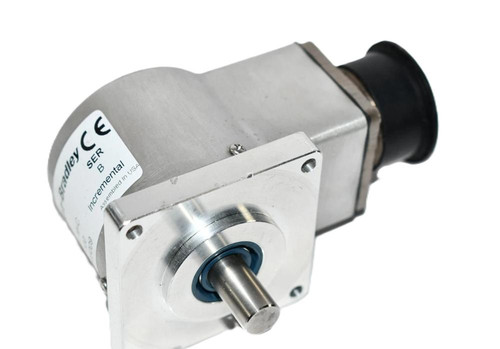 Allen-Bradley 845T-DZ13ECM-C, industrial encoder or motor component with metal body, shaft, and black connector, used in automation and control systems.