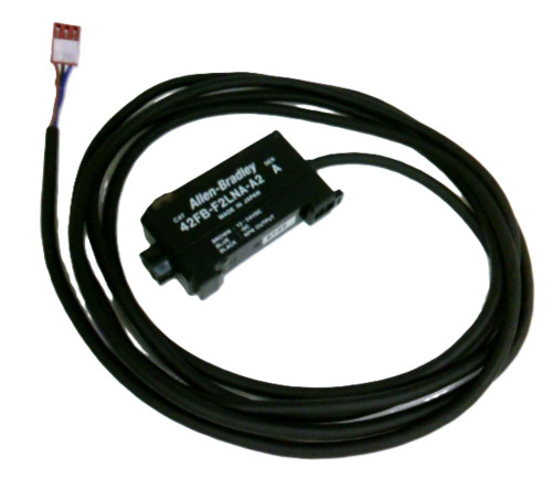 Allen-Bradley 42FB-F2LNA-A2, industrial sensor with black cable and connector, electronic component for automation
