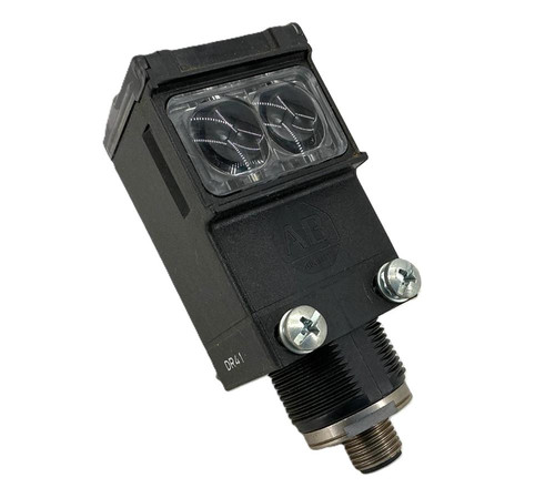 Allen-Bradley 42GRP-9043-QD, industrial photoelectric sensor with black rectangular body and transparent protective cover with two lenses.