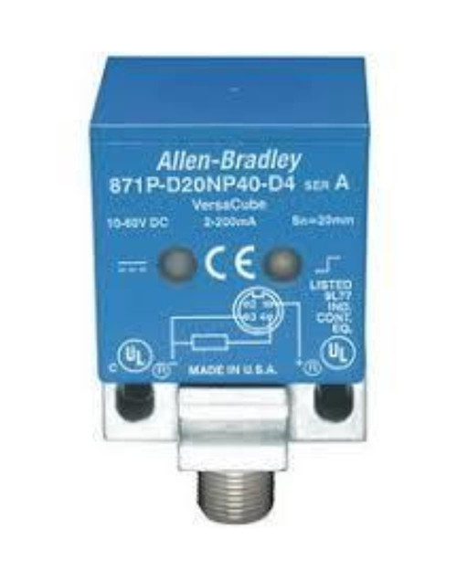 Allen-Bradley 871P-D20NP40-D4, industrial automation sensor, blue plastic box with connector, technical specifications and electrical symbols on the front.