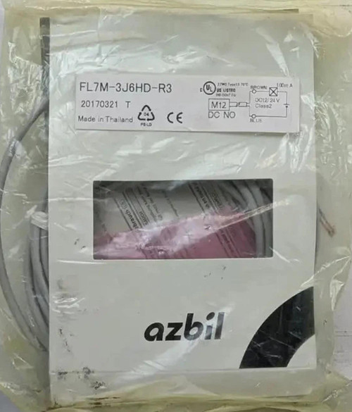 Azbil FL7M-3J6HD-R3, industrial electrical component in packaging with product label and wiring diagram.