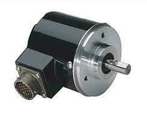 Allen-Bradley 845G-F3G8LC1024A, industrial servo motor with black and silver metallic body and a shaft for rotational movement.