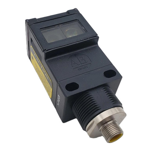 Allen-Bradley 42GRU-92L0-QD, industrial sensor with black rectangular body and metal threaded connector for machinery detection.