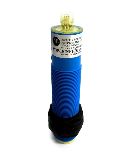 Allen-Bradley 873P-DCNP1-D5, industrial sensor, with blue body and black adjustment ring, used in automation systems for detecting object presence.
