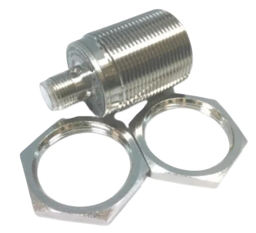 Allen-Bradley 872C-MH15NP30-D4, industrial sensor component with threaded cylindrical metal body and two hex nuts for installation.