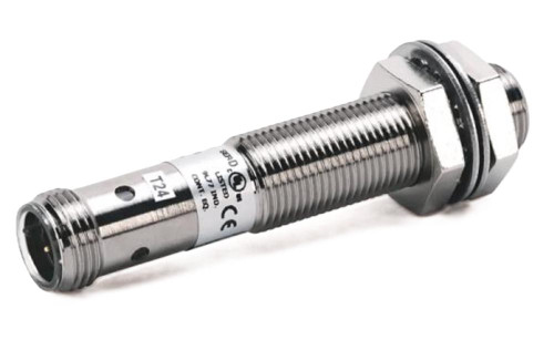 Allen-Bradley 872C-M4NP12-D4, industrial sensor, stainless steel cylindrical sensor with threaded body, electrical connector at one end, and model number and specifications printed on the sensor surface.
