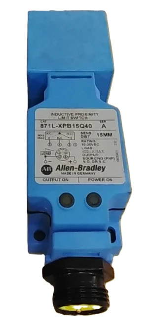 Allen-Bradley 87L-XPB15Q40, inductive proximity unit switch with blue casing and detailed technical label.