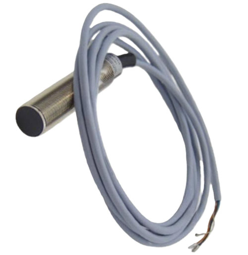 Allen-Bradley 87IC-D4AP18-E2, industrial sensor with cylindrical metal body and attached white cable.