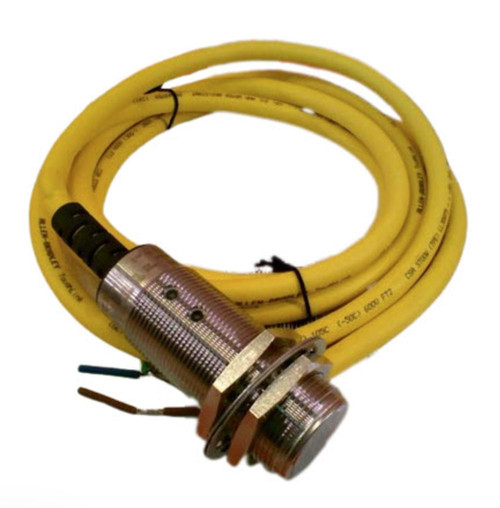 Allen-Bradley 871TM-B10C30-H2 sensor, industrial proximity sensor with yellow cable and metallic body for automation applications.