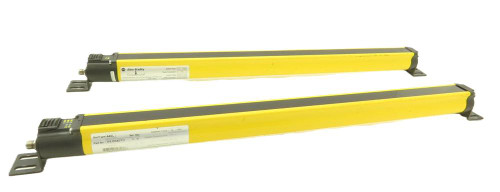 Allen-Bradley 440L-P4K1280YD, industrial safety light curtain sensors in yellow and black, used for machine safety applications.