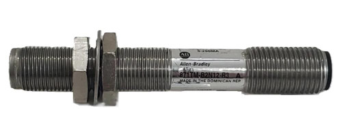 Allen-Bradley 871TM-B2N12-R3, industrial sensor or actuator with threaded metal body and connectors for automation applications.