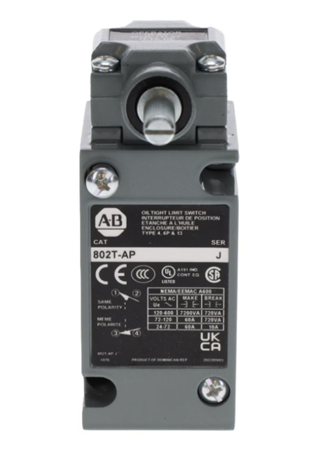 Allen-Bradley 802T-AT, industrial electrical limit switch with a gray body, metal shaft, and mounted on a panel.