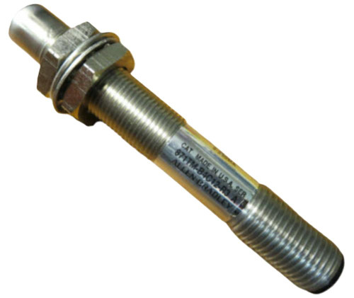 Allen-Bradley 871TM-B4C12-R3, industrial sensor or component with metallic threaded body and label indicating manufacturing details.