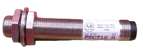 Allen-Bradley 871CP2CT12 inductive proximity sensor, cylindrical metal body with threaded mounting and electrical connection