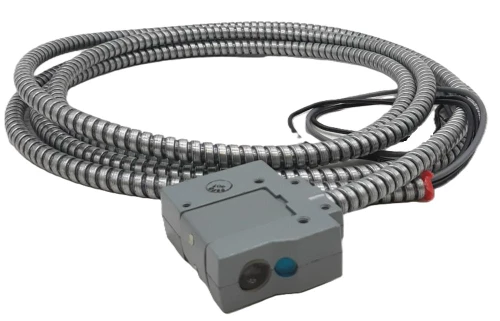 Allen-Bradley 42RLU-4003B, industrial sensor with gray rectangular housing and coiled metal cable.