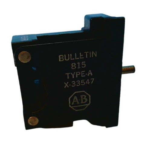 Allen-Bradley product, industrial component with black body and metallic pins, labeled with model number BULLETIN 815, TYPE-A, and part number X.33547.