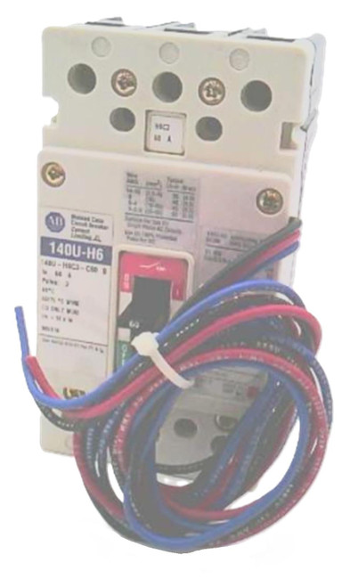 Allen-Bradley circuit breaker, industrial electrical equipment with red and blue wires for motor protection and control.