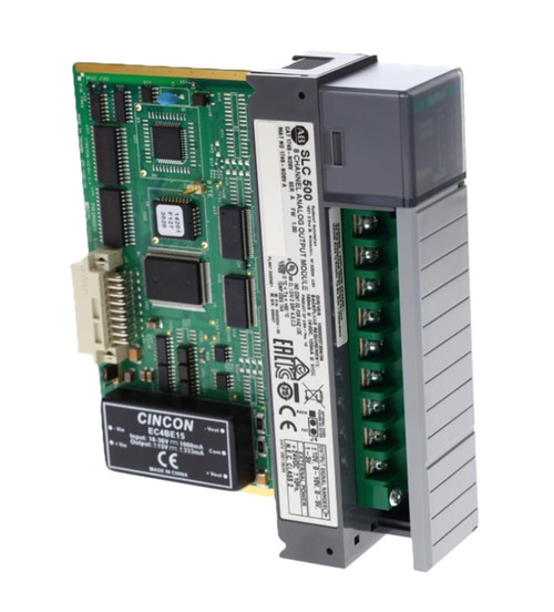 Allen-Bradley SLIO 500, industrial automation output module with green circuit board and multiple connection terminals.