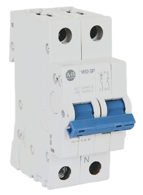 Allen-Bradley Circuit Breaker, industrial electrical safety device with two blue toggle switches and black circular openings for connections.