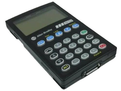 Allen-Bradley, industrial handheld programmable controller portable device with LCD screen and numeric keypad.