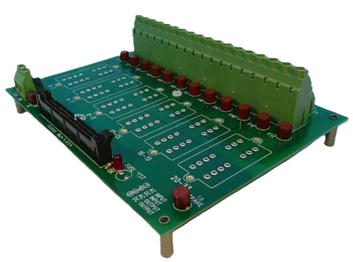 Allen-Bradley, industrial control circuit board with green terminal block and red components for automation.