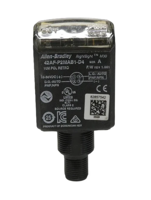 Allen-Bradley, industrial sensor or relay device with black casing and labels, featuring electrical connection points and certification markings.