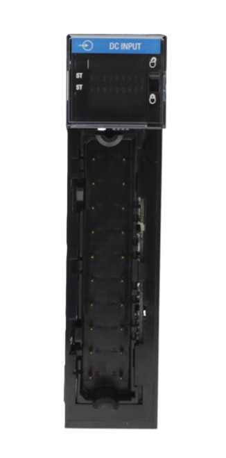 Allen-Bradley, industrial automation power supply module with open front panel for connection points and a digital display panel labeled 'DC INPUT' for monitoring electrical input status.