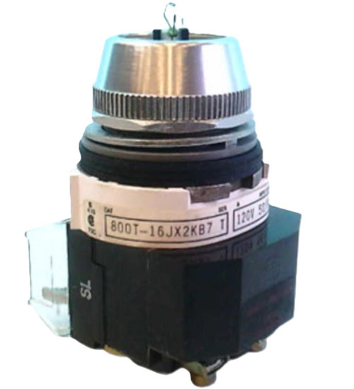 Allen-Bradley industrial automation part, close-up of a rotary switch or sensor with metallic and black casing.