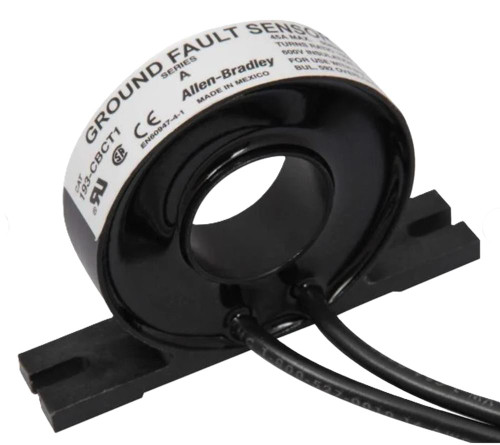 Allen-Bradley Ground Fault Sensor, industrial electrical safety device with black and white label and attached wires.