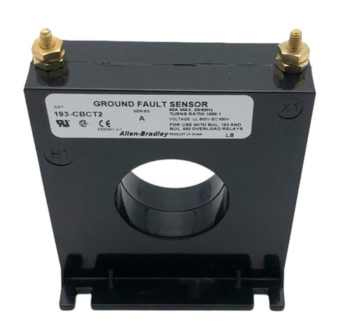 Allen-Bradley Ground Fault Sensor, black device with terminals and label showing specifications and model number 193-CBCT2.