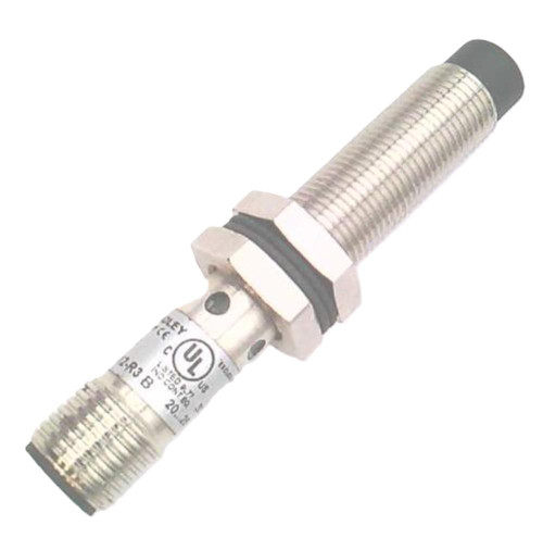 Allen-Bradley sensor, industrial sensor with metal body and threaded design for machinery detection.