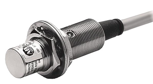 Allen-Bradley sensor, industrial proximity sensor with metallic cylindrical body and wiring connection