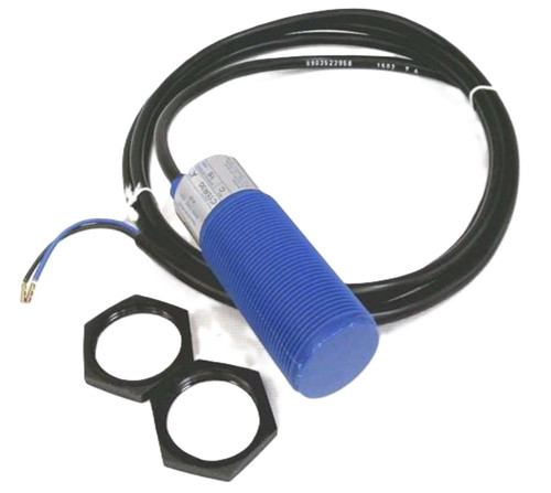 Allen-Bradley Sensor, industrial proximity sensor with black cable and blue cylindrical body.