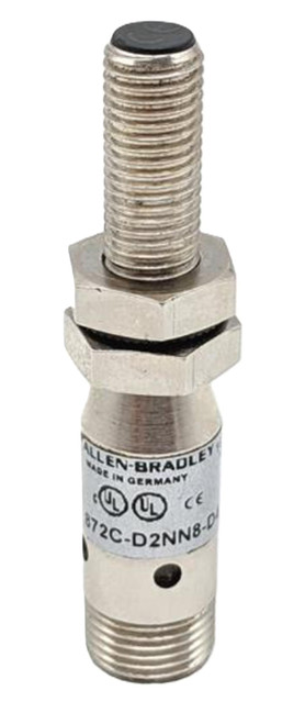Allen-Bradley, industrial sensor device with silver metallic body and threaded connection for machinery and automation systems.