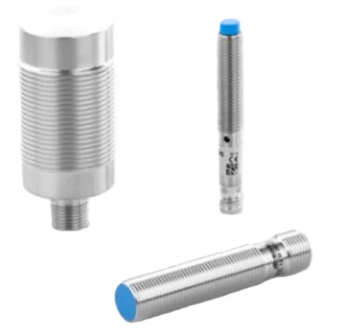 Allen-Bradley, industrial sensor probes with metallic body and blue tip for sensing applications.