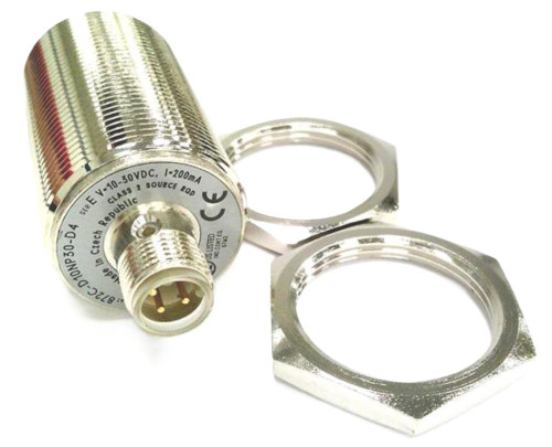 Allen-Bradley, industrial electrical component with metallic cylindrical sensor and mounting nuts, used for automation and control systems.