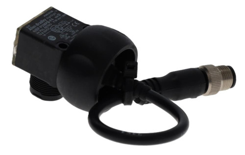 Allen-Bradley sensor, industrial sensor with black body and metallic threaded connection on white background.