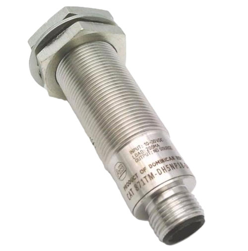 Allen-Bradley sensor, industrial automation stainless steel sensor with threaded body for precise machine control.