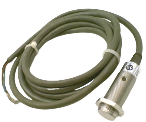Allen-Bradley sensor, industrial sensor with metal cylindrical body and attached cable for automation and control applications.