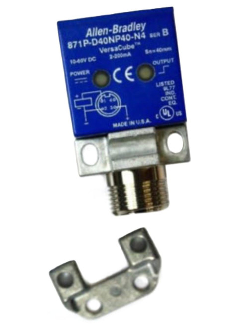 Allen-Bradley VersaCube Sensor, blue rectangular industrial sensor device with metal mounting bracket and connector.