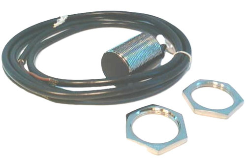 Allen-Bradley sensor, cylindrical sensor with cable and mounting nuts.