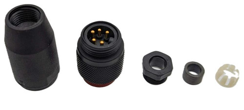 Allen-Bradley, industrial electrical connector components including a protective cover, coupling nut, and insulators.